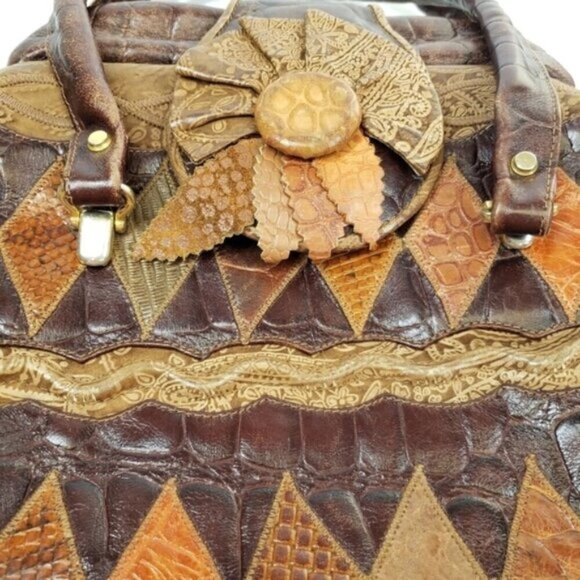 Vintage Leather Patchwork Shoulder Bag Brown Boho Flower Child Festival - Picture 6 of 14